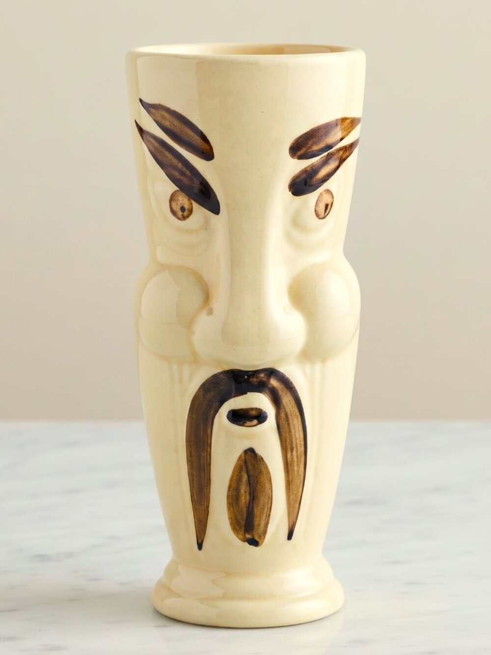 Vintage Mid-Century Tiki Face Ceramic Vase/Mug–Fu Manchu Design 7"